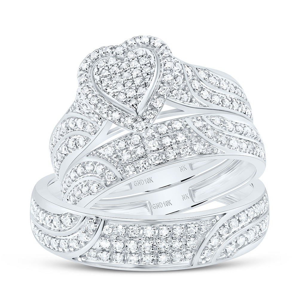 10K Yellow or White Gold 5/8 Ctw Natural Diamond Fashion Heart Trio Set, Womens Size: 5-9, Mens Size: 8-12