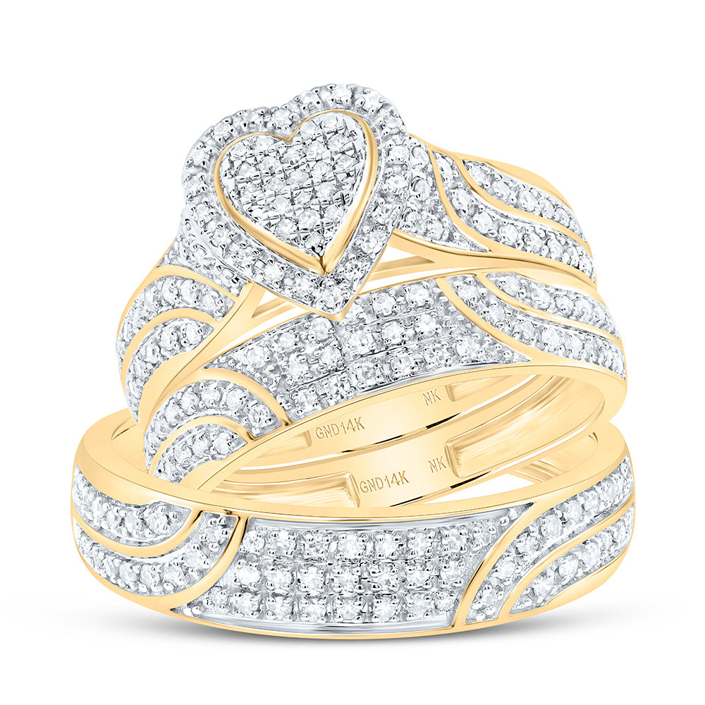 14K Yellow Gold 5/8 Ctw Natural Diamond Fashion Heart Trio Set, Womens Size: 5-9, Mens Size: 8-12