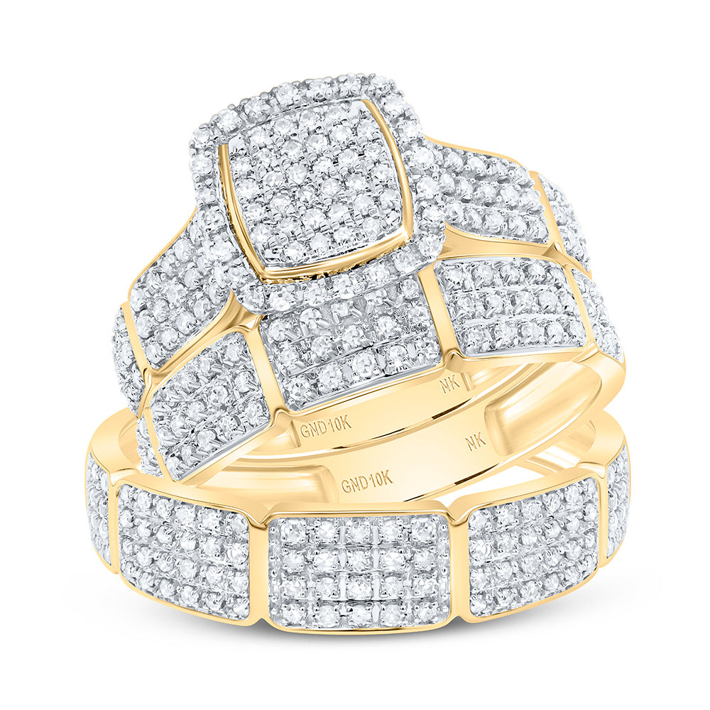10K Yellow or White Gold 7/8 Ctw Natural Diamond Fashion Cushion Trio Set, Womens Size: 5-9, Mens Size: 8-12