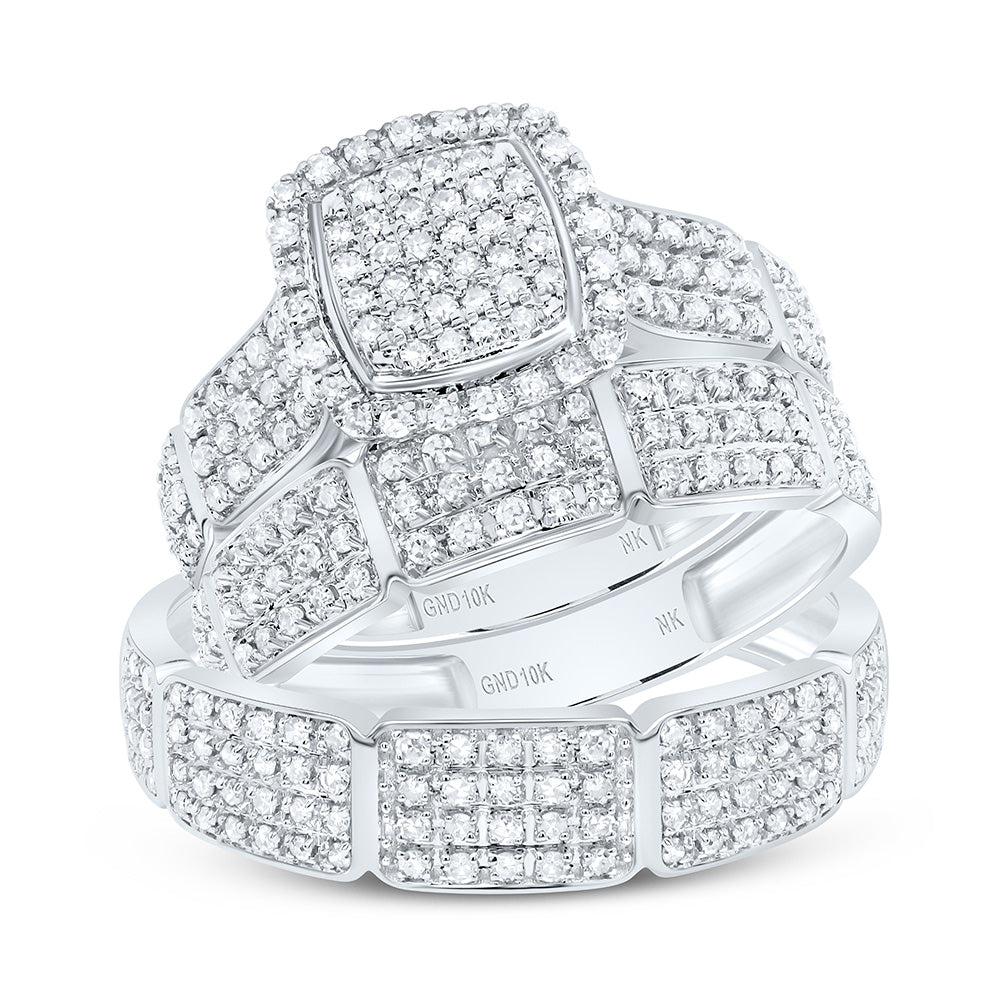 10K Yellow or White Gold 7/8 Ctw Natural Diamond Fashion Cushion Trio Set, Womens Size: 5-9, Mens Size: 8-12