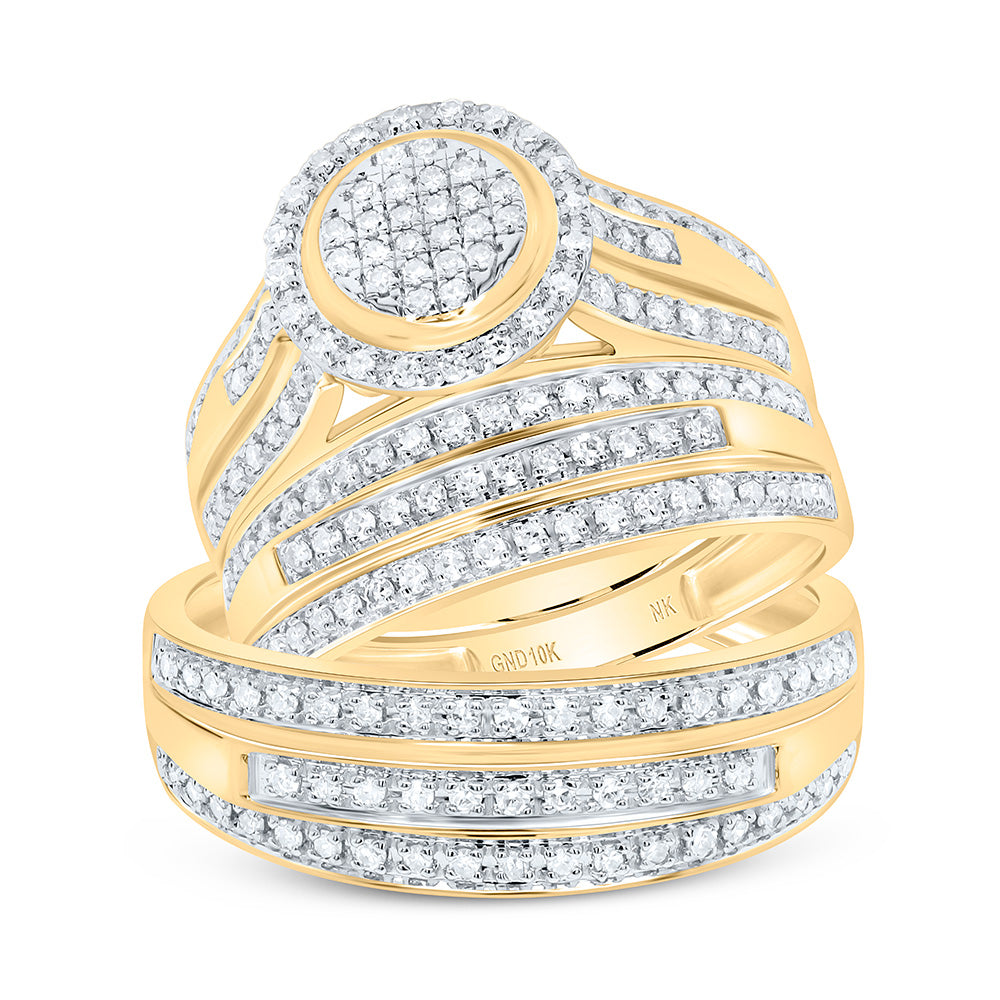10K Yellow or White Gold 3/4 Ctw Natural Diamond Fashion Round Trio Set, Womens Size: 5-9, Mens Size: 8-12