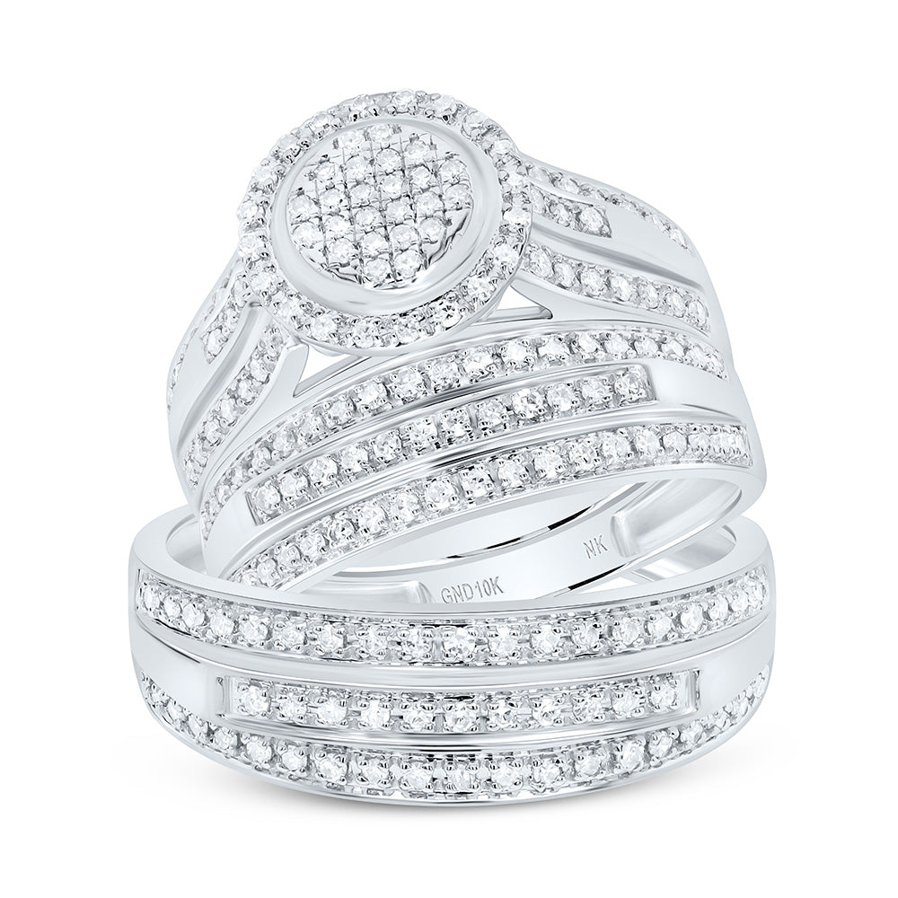 10K Yellow or White Gold 3/4 Ctw Natural Diamond Fashion Round Trio Set, Womens Size: 5-9, Mens Size: 8-12