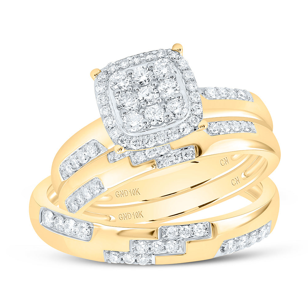 10K Yellow Gold 5/8 Ctw Natural Diamond Fashion Cushion Trio Set, Womens Size: 5-9, Mens Size: 8-12