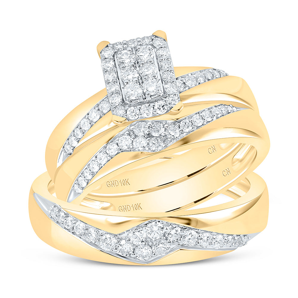 10K Yellow or White Gold 3/4 Ctw Natural Diamond Fashion Emerald Trio Set, Womens Size: 5-9, Mens Size: 8-12
