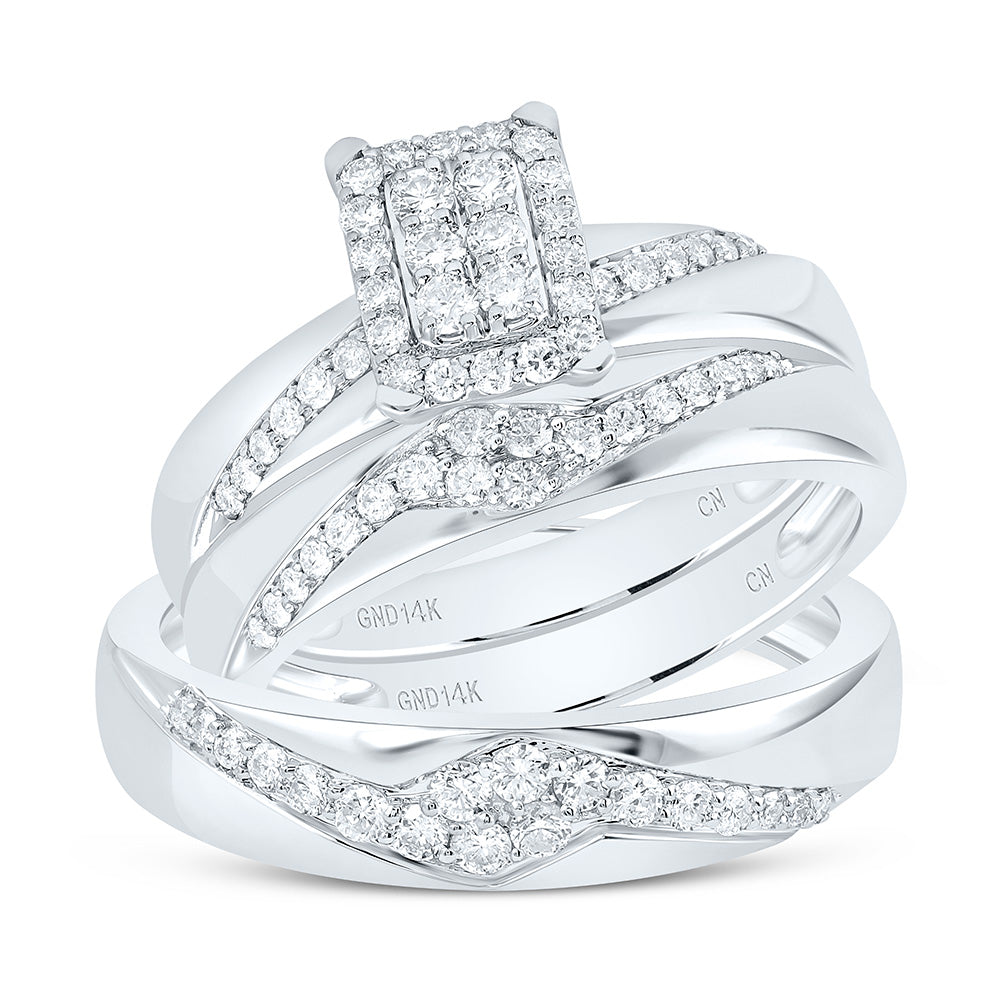 14K White Gold 3/4 Ctw Natural Diamond Fashion Emerald Trio Set, Womens Size: 5-9, Mens Size: 8-12