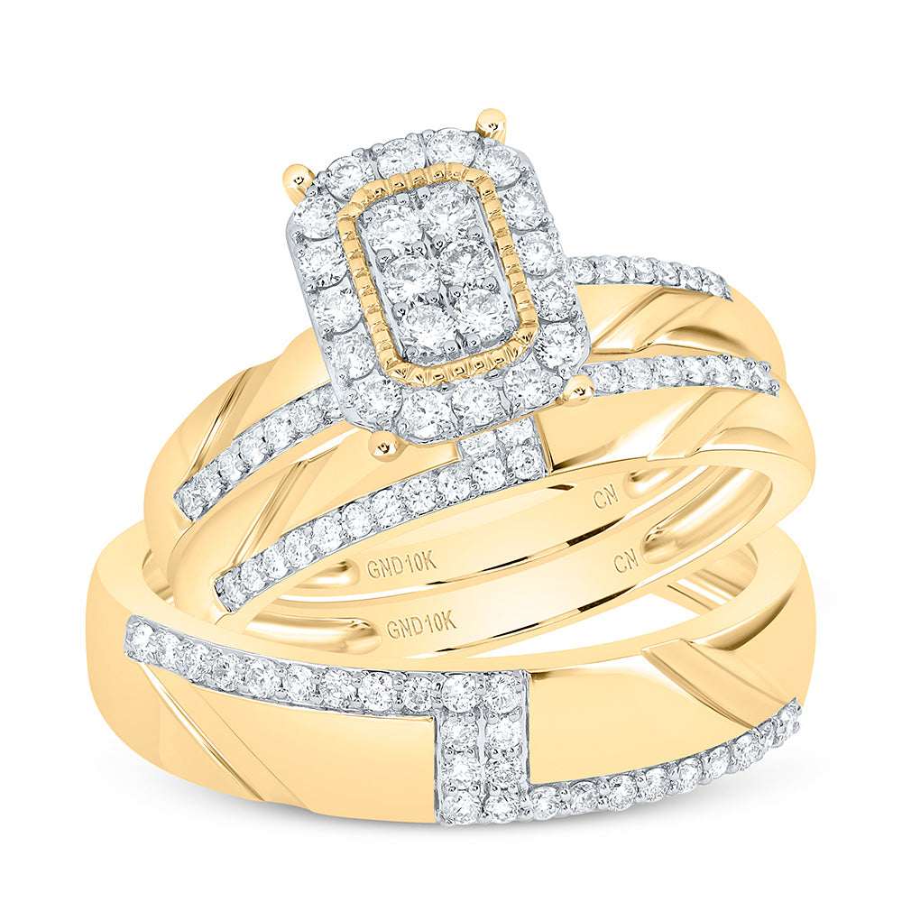 10K Yellow or White Gold 3/4 Ctw Natural Diamond Fashion Emerald Trio Set, Womens Size: 5-9, Mens Size: 8-12