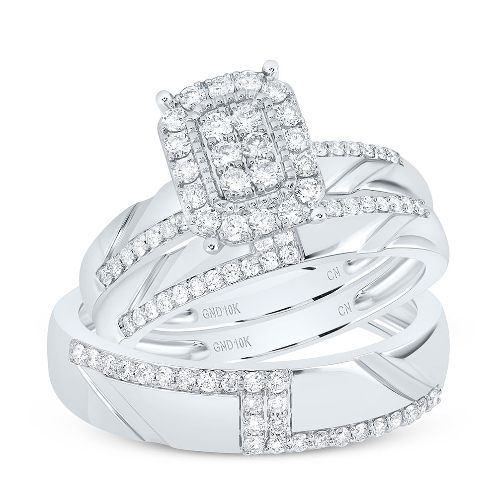 10K Yellow or White Gold 3/4 Ctw Natural Diamond Fashion Emerald Trio Set, Womens Size: 5-9, Mens Size: 8-12