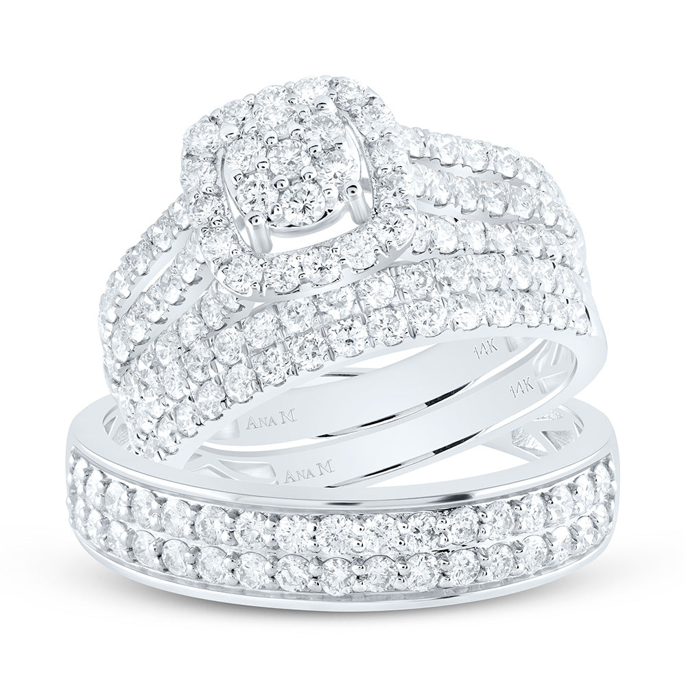 14K White Gold 2 1/4 Cttw Natural Diamond Ana M Cushion Bridal Anniversary Wedding Engagement Band Ring Trio Set