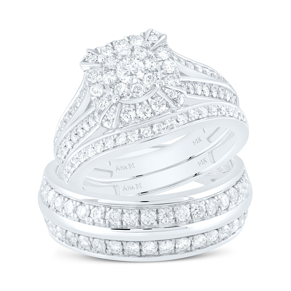 14K White Gold 1 3/4 Ctw Natural Diamond Cushion Trio Set, Womens Size: 5-9, Mens Size: 8-12