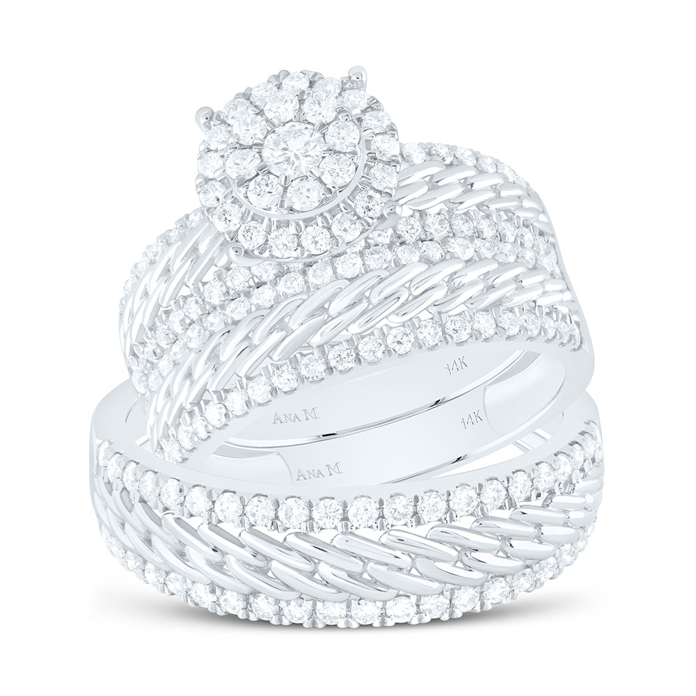 14K White Gold 1 1/2 Cttw Natural Diamond Ana M Round Bridal Anniversary Wedding Engagement Band Ring Trio Set