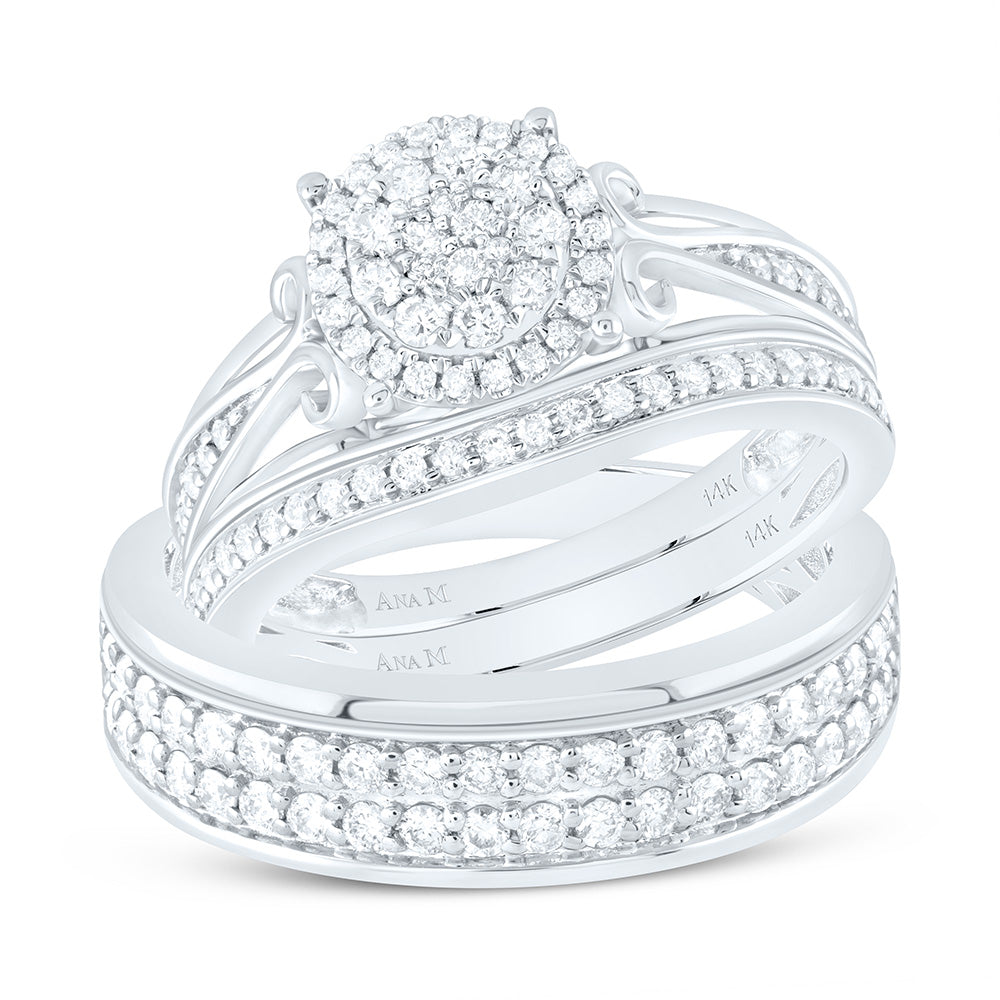14K White Gold 1 Cttw Natural Diamond Ana M Round Bridal Anniversary Wedding Engagement Band Ring Trio Set
