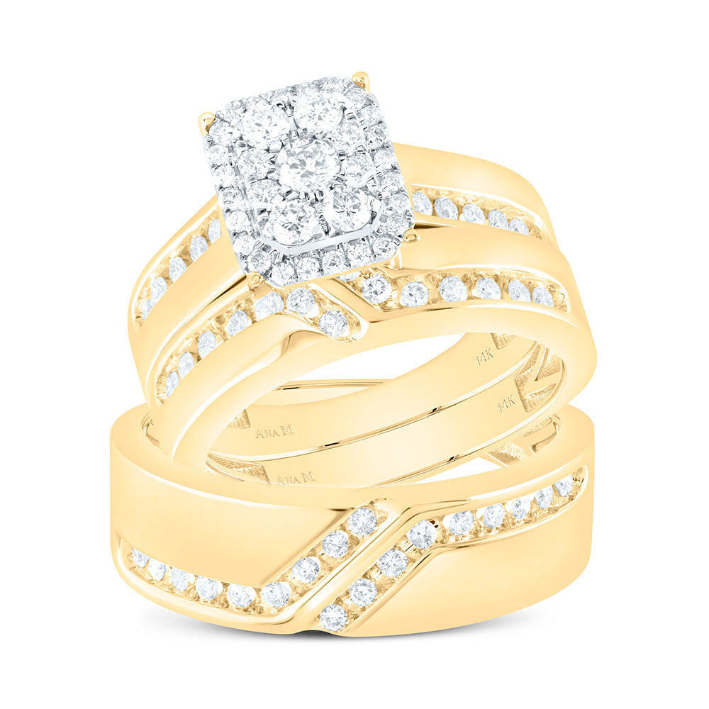 14K Yellow Gold 1 Cttw Natural Diamond Ana M Square Bridal Anniversary Wedding Engagement Band Ring Trio Set