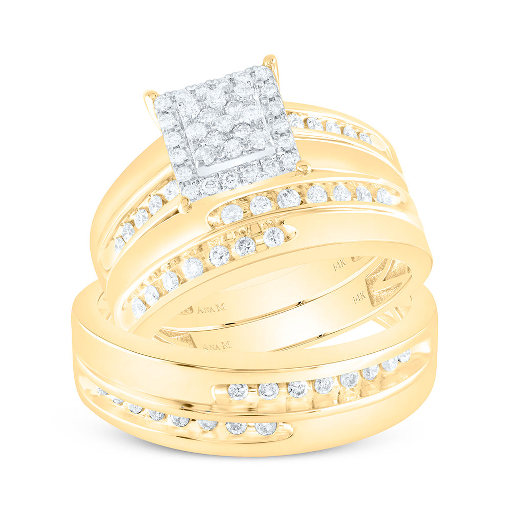 14K Yellow or White Gold 5/8 Ctw Natural Diamond Square Trio Set, Womens Size: 5-9, Mens Size: 8-12
