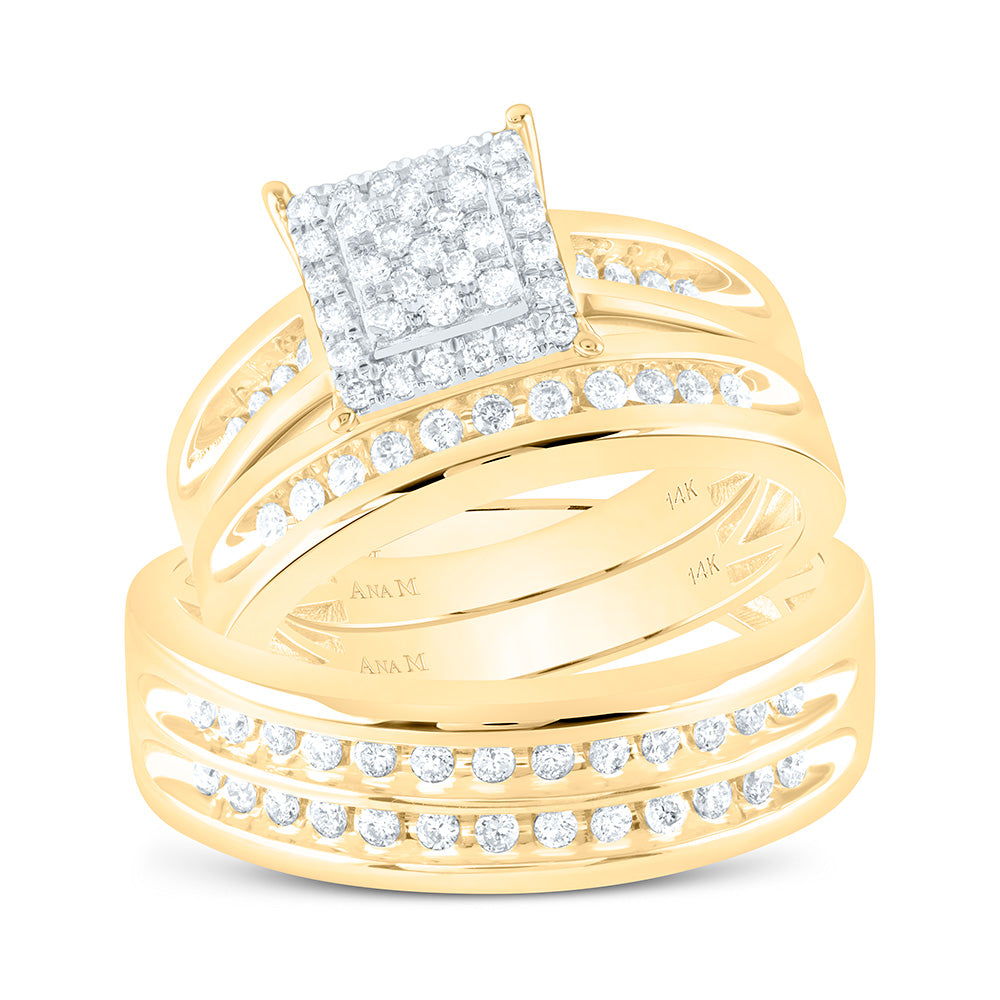 14K Yellow Gold 5/8 Ctw Natural Diamond Square Trio Set, Womens Size: 5-9, Mens Size: 8-12