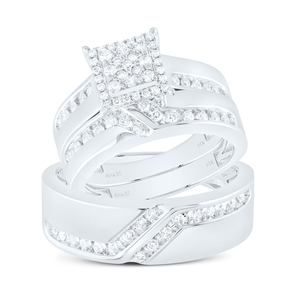 14K White Gold 3/4 Ctw Natural Diamond Square Trio Set, Womens Size: 5-9, Mens Size: 8-12