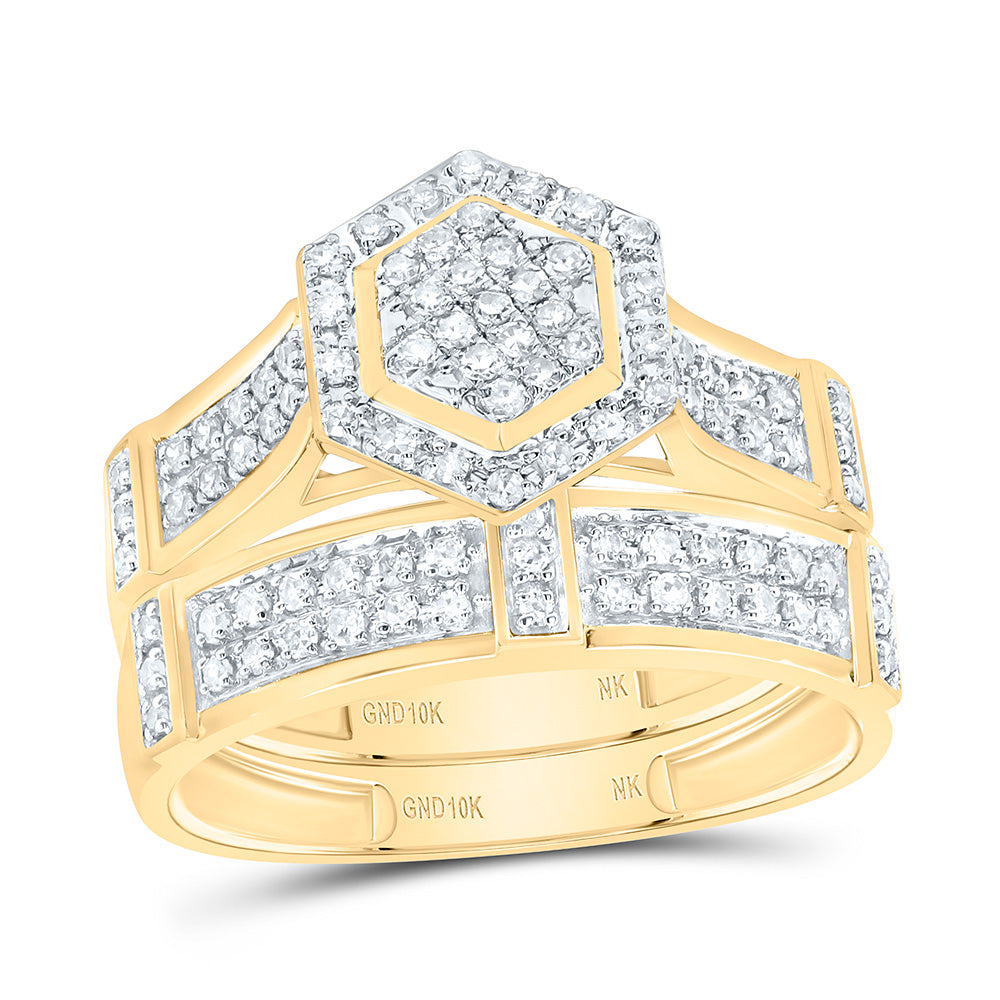 10K Yellow or White Gold 1/2 Ctw Natural Diamond Fashion Hexagonal Trio Set, Womens Size: 5-9, Mens Size: 8-12