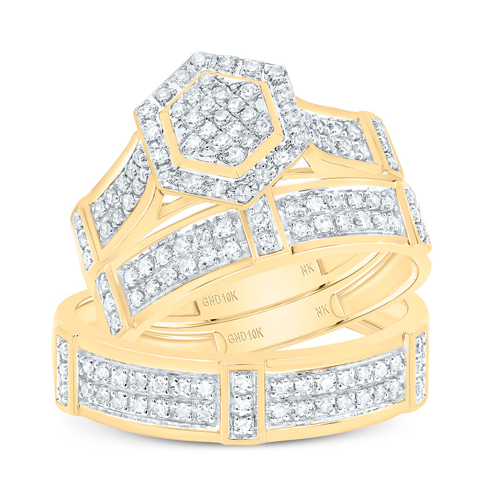 10K Yellow or White Gold 1/2 Ctw Natural Diamond Fashion Hexagonal Trio Set, Womens Size: 5-9, Mens Size: 8-12