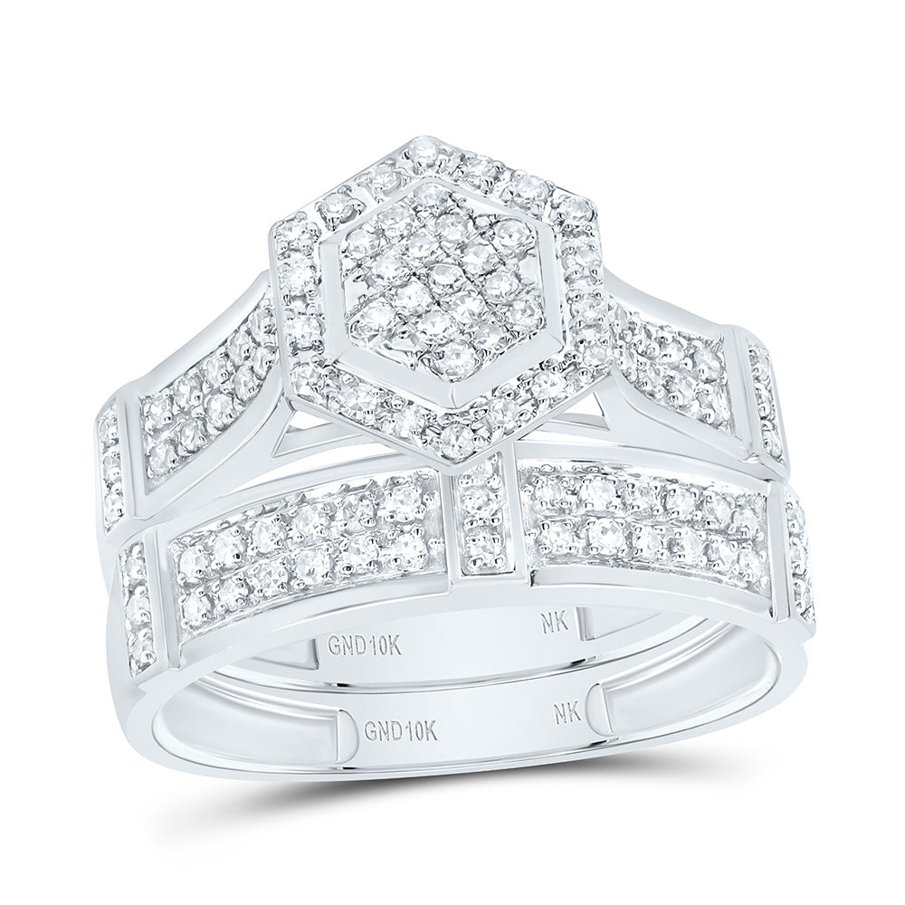 10K Yellow or White Gold 1/2 Ctw Natural Diamond Fashion Hexagonal Trio Set, Womens Size: 5-9, Mens Size: 8-12