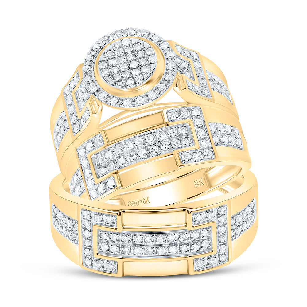 10K Yellow or White Gold 3/4 Ctw Natural Diamond Fashion Round Trio Set, Womens Size: 5-9, Mens Size: 8-12