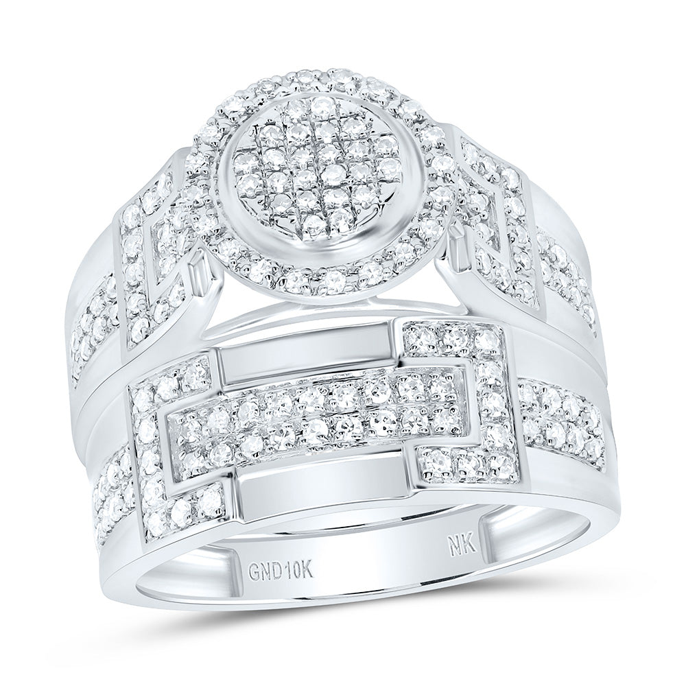 10K Yellow or White Gold 3/4 Ctw Natural Diamond Fashion Round Trio Set, Womens Size: 5-9, Mens Size: 8-12