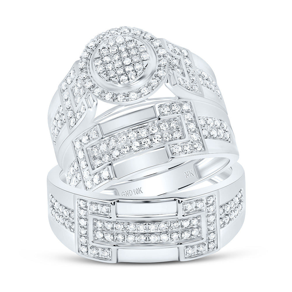 10K Yellow or White Gold 3/4 Ctw Natural Diamond Fashion Round Trio Set, Womens Size: 5-9, Mens Size: 8-12