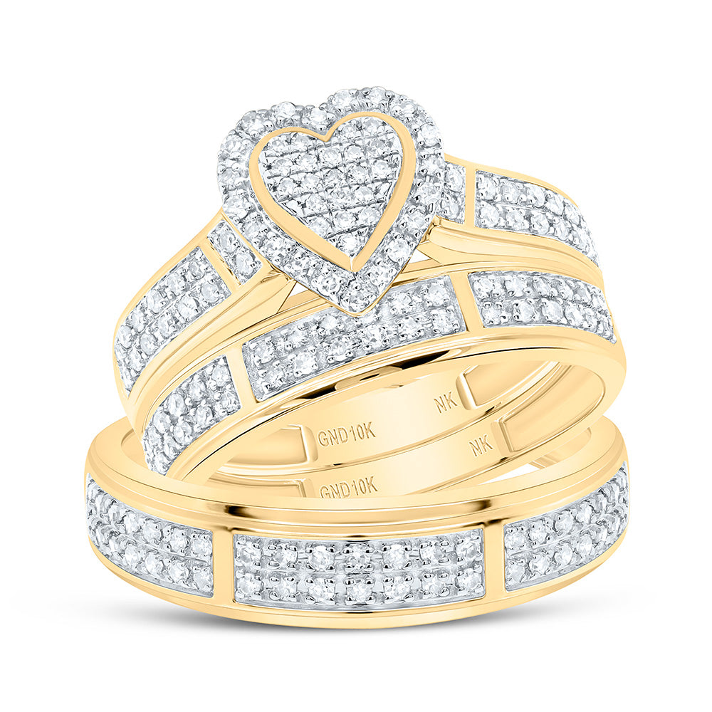 10K Yellow or White Gold 1/2 Ctw Natural Diamond Fashion Heart Trio Set, Womens Size: 5-9, Mens Size: 8-12