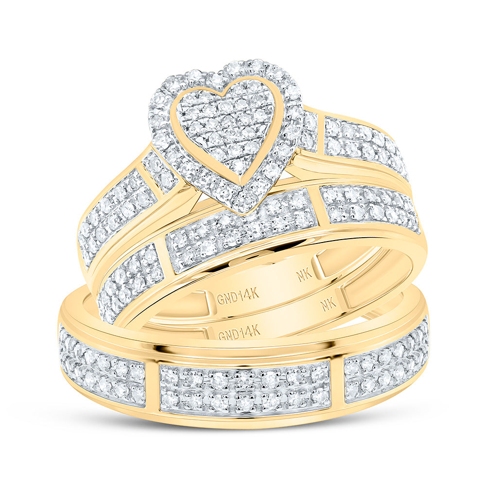14K Yellow or White Gold 1/2 Ctw Natural Diamond Fashion Heart Trio Set, Womens Size: 5-9, Mens Size: 8-12