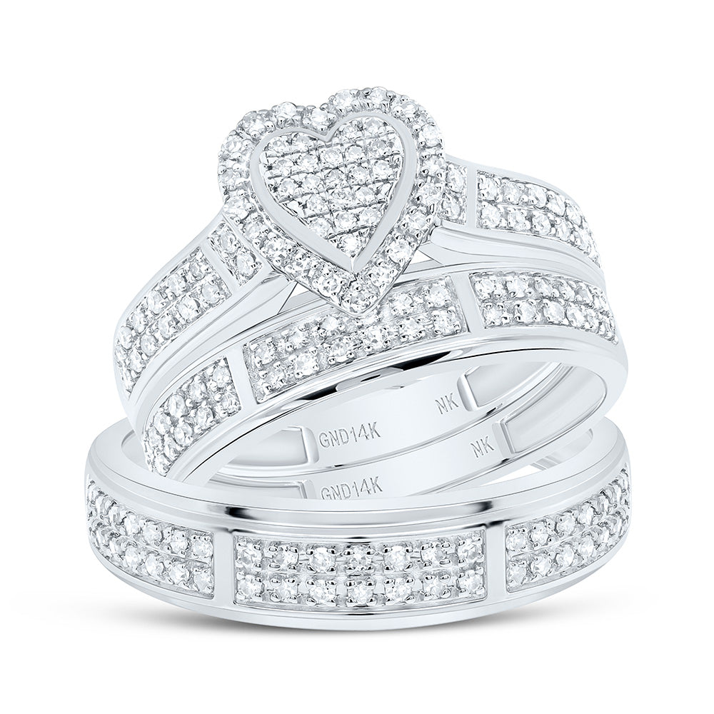 14K Yellow or White Gold 1/2 Ctw Natural Diamond Fashion Heart Trio Set, Womens Size: 5-9, Mens Size: 8-12