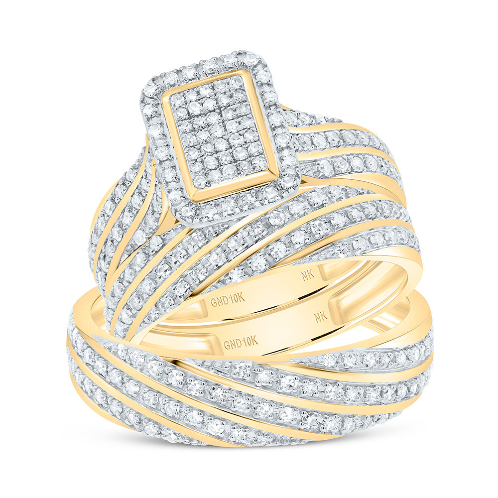 10K Yellow or White Gold 3/4 Ctw Natural Diamond Fashion Emerald Trio Set, Womens Size: 5-9, Mens Size: 8-12
