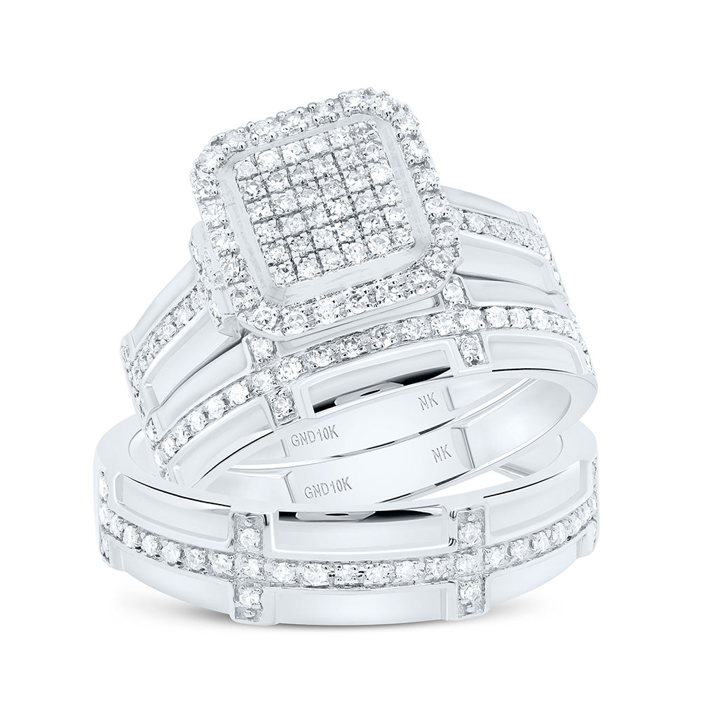 10K Yellow or White Gold 5/8 Ctw Natural Diamond Fashion Square Trio Set, Womens Size: 5-9, Mens Size: 8-12