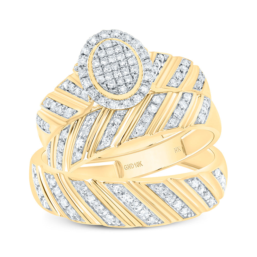 10K Yellow or White Gold 3/8 Ctw Natural Diamond Fashion Oval Trio Set, Womens Size: 5-9, Mens Size: 8-12