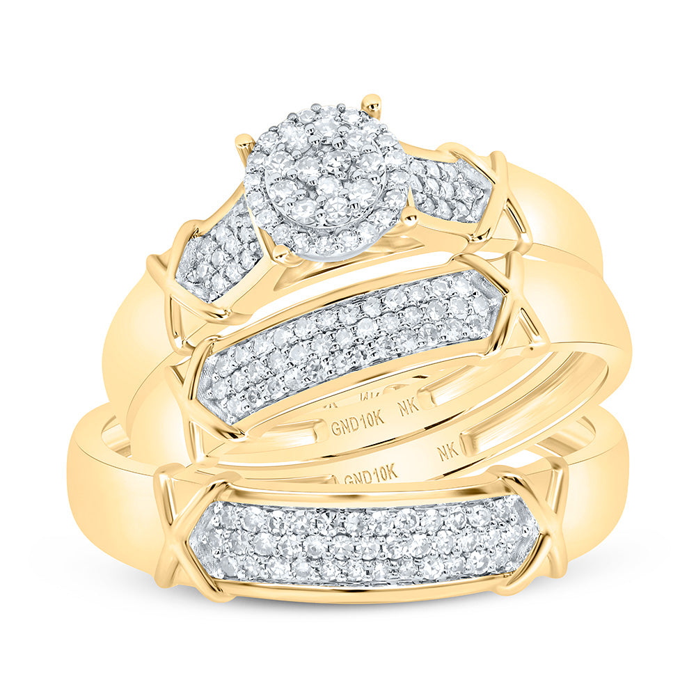 10K Yellow or White Gold 1/2 Ctw Natural Diamond Round Trio Set, Womens Size: 5-9, Mens Size: 8-12