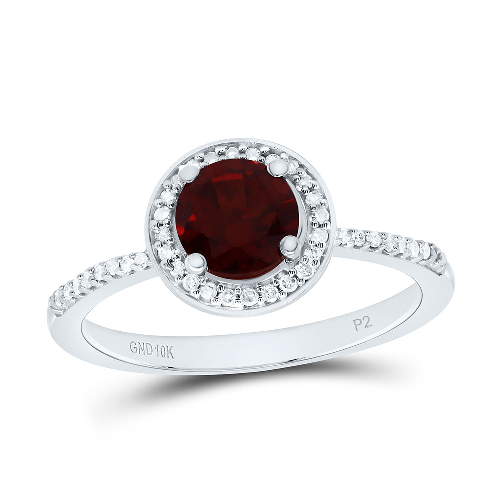 10K Yellow or White Gold 1/8 Ctw Natural Diamond 6MM Round Garnet Synthetic Ring, Womens Size: 5-9