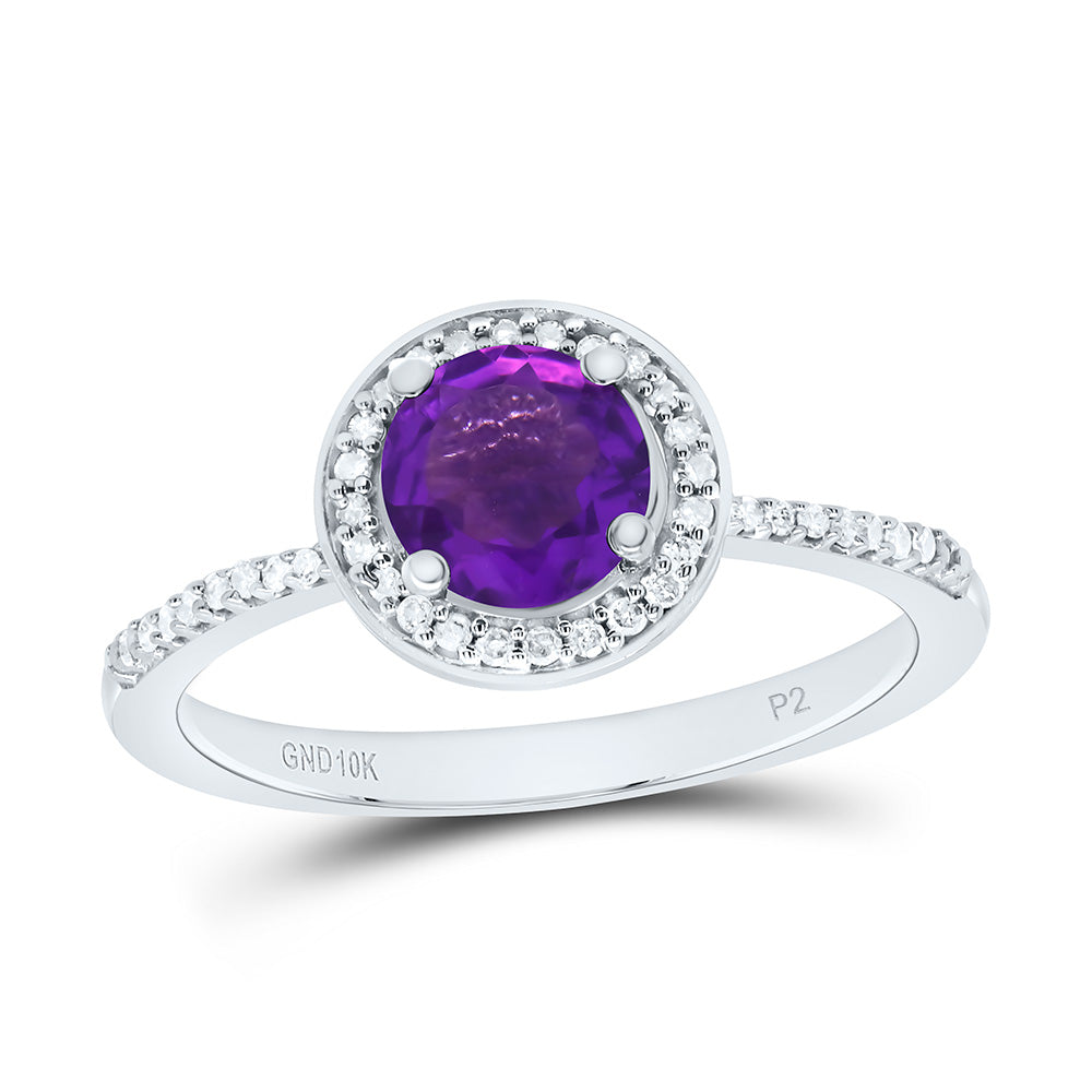 10K Yellow or White Gold 1/8 Ctw Natural Diamond 6MM Round Amethyst Synthetic Ring, Womens Size: 5-9