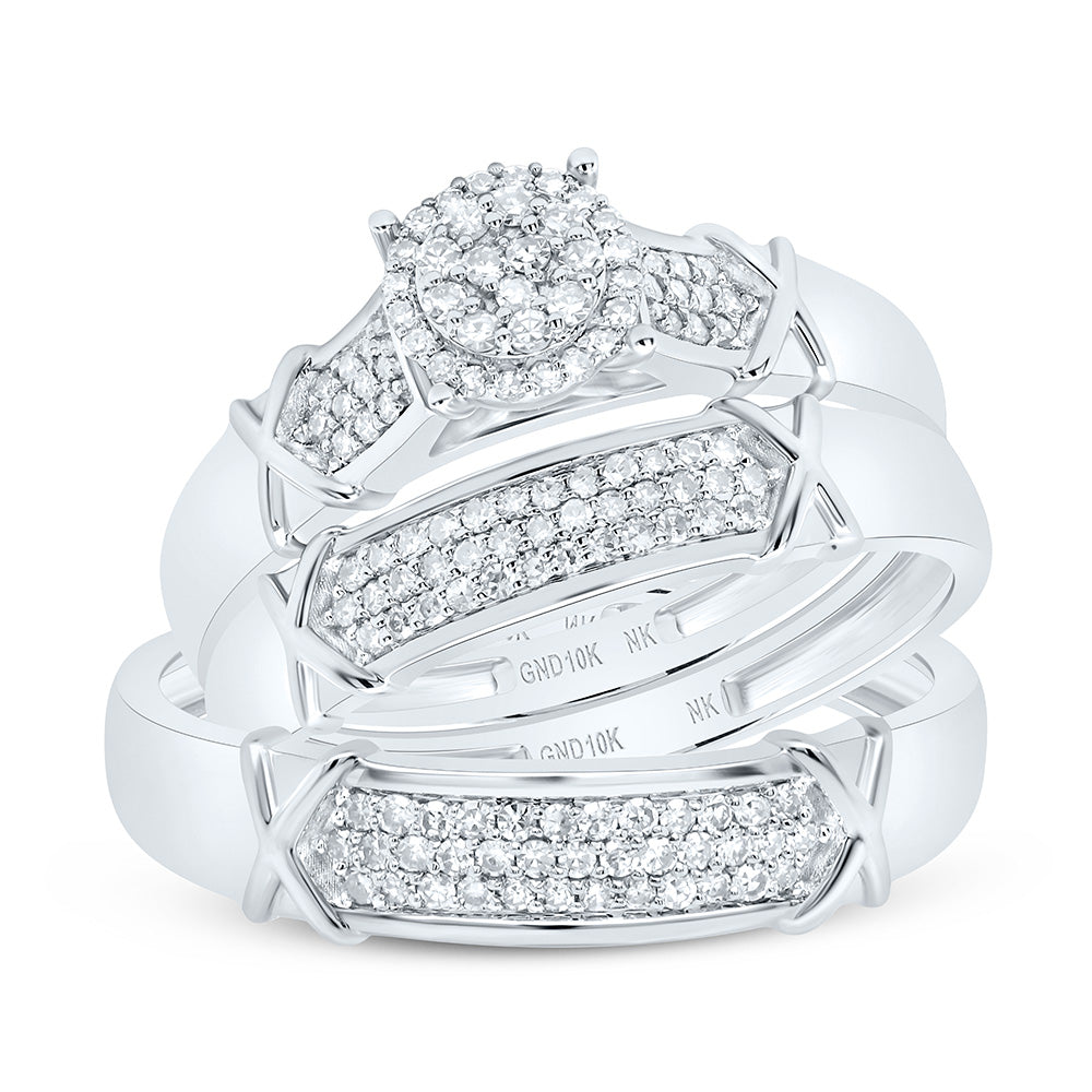10K Yellow or White Gold 1/2 Ctw Natural Diamond Round Trio Set, Womens Size: 5-9, Mens Size: 8-12