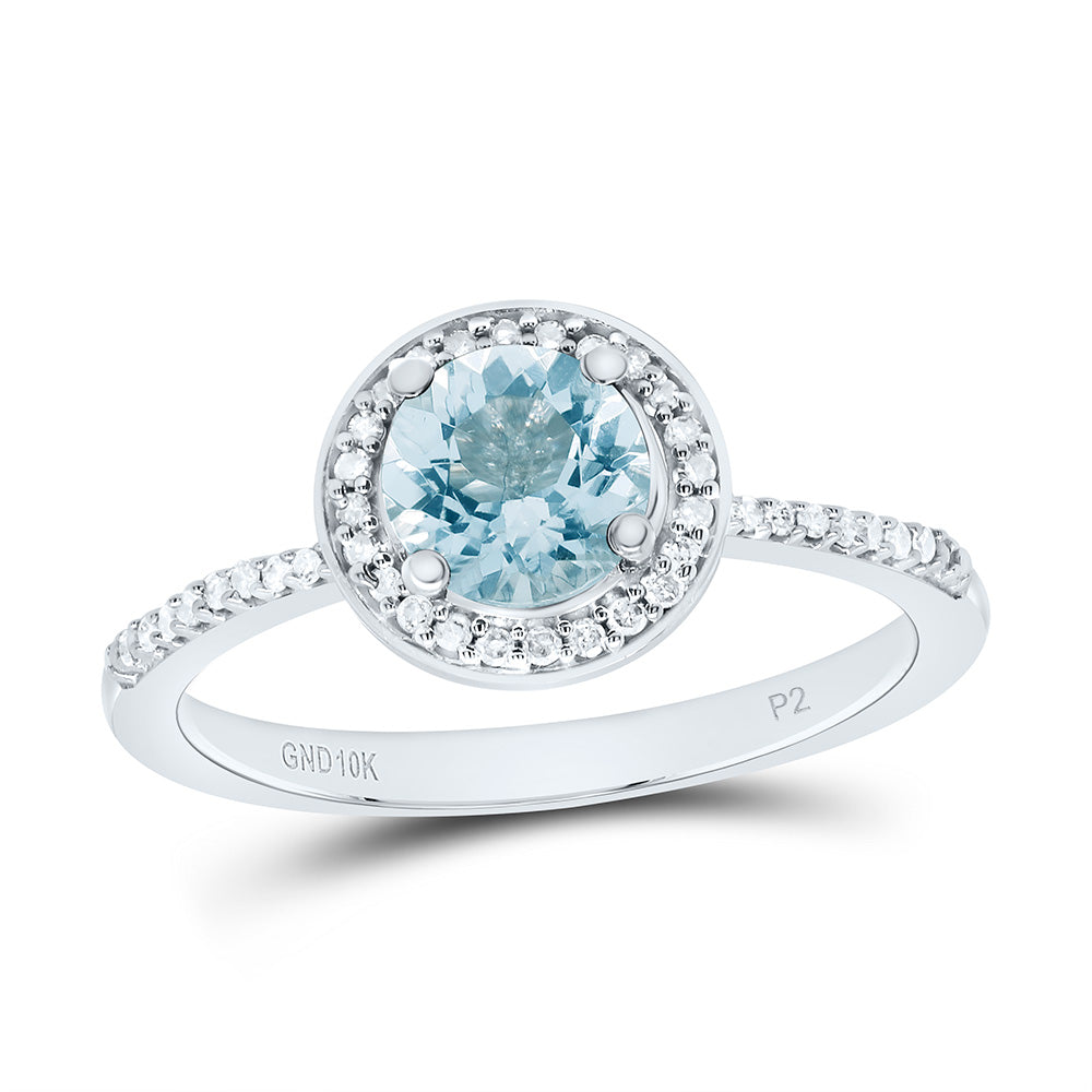 10K Yellow or White Gold 1/8 Ctw Natural Diamond 6MM Round Aquamarine Synthetic Ring, Womens Size: 5-9