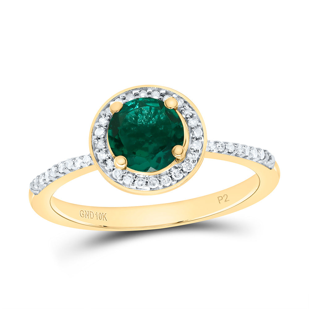 10K Yellow or White Gold 1/8 Ctw Natural Diamond 6MM Round Emerald Synthetic Ring, Womens Size: 5-9