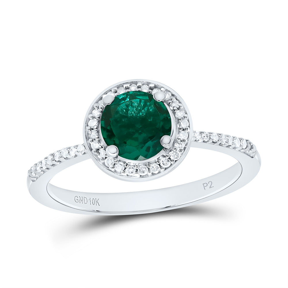 10K Yellow or White Gold 1/8 Ctw Natural Diamond 6MM Round Emerald Synthetic Ring, Womens Size: 5-9