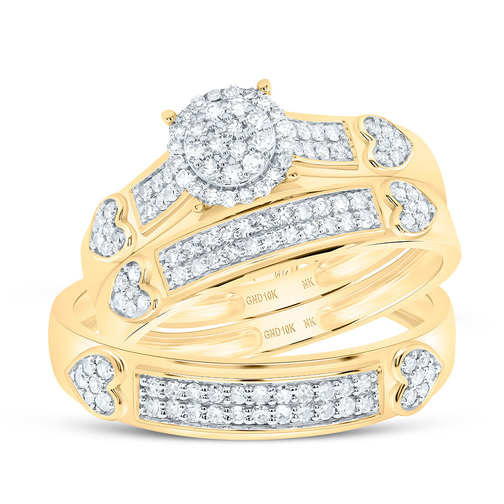 10K Yellow or White Gold 1/2 Ctw Natural Diamond Round Trio Set, Womens Size: 5-9, Mens Size: 8-12