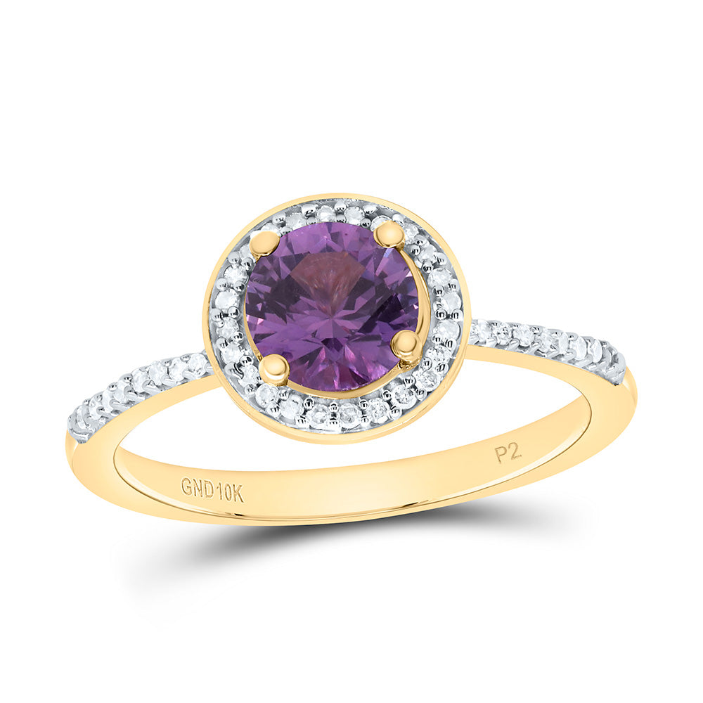 10K Yellow or White Gold 1/8 Ctw Natural Diamond 6MM Round Alexandrite Synthetic Ring, Womens Size: 5-9