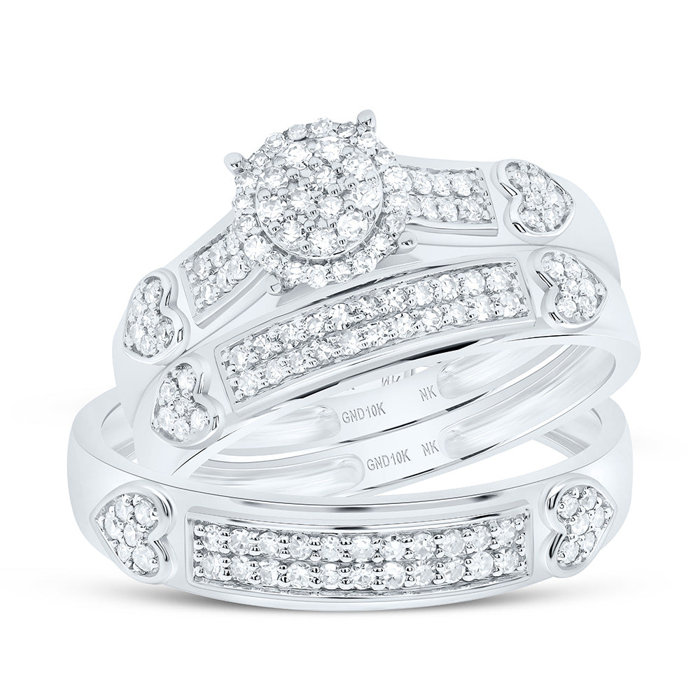 10K Yellow or White Gold 1/2 Ctw Natural Diamond Round Trio Set, Womens Size: 5-9, Mens Size: 8-12