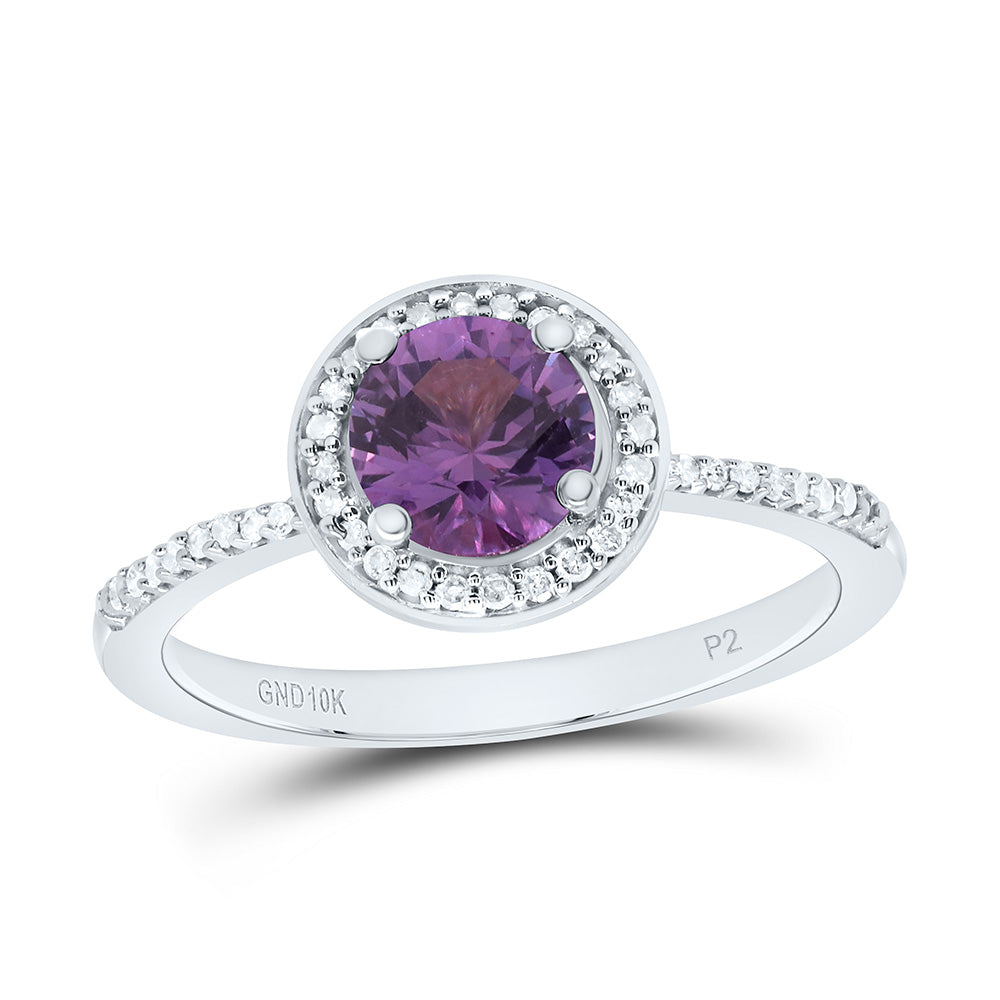 10K Yellow or White Gold 1/8 Ctw Natural Diamond 6MM Round Alexandrite Synthetic Ring, Womens Size: 5-9