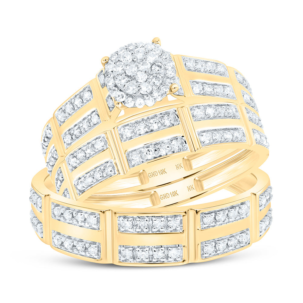 10K Yellow or White Gold 1/2 Ctw Natural Diamond Round Trio Set, Womens Size: 5-9, Mens Size: 8-12