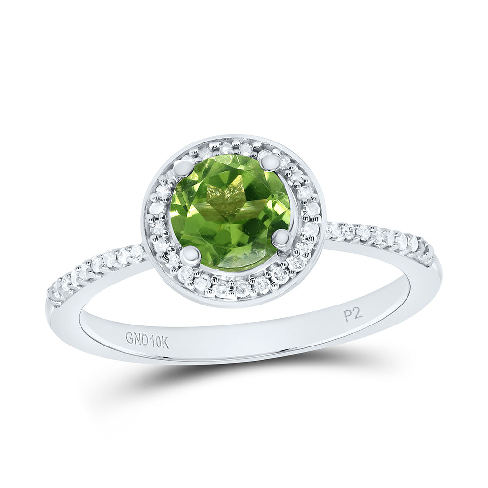 10K Yellow or White Gold 1/8 Ctw Natural Diamond 6MM Round Peridot Synthetic Ring, Womens Size: 5-9