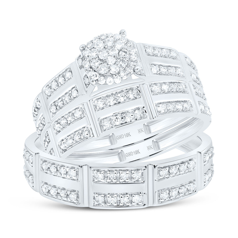 10K Yellow or White Gold 1/2 Ctw Natural Diamond Round Trio Set, Womens Size: 5-9, Mens Size: 8-12