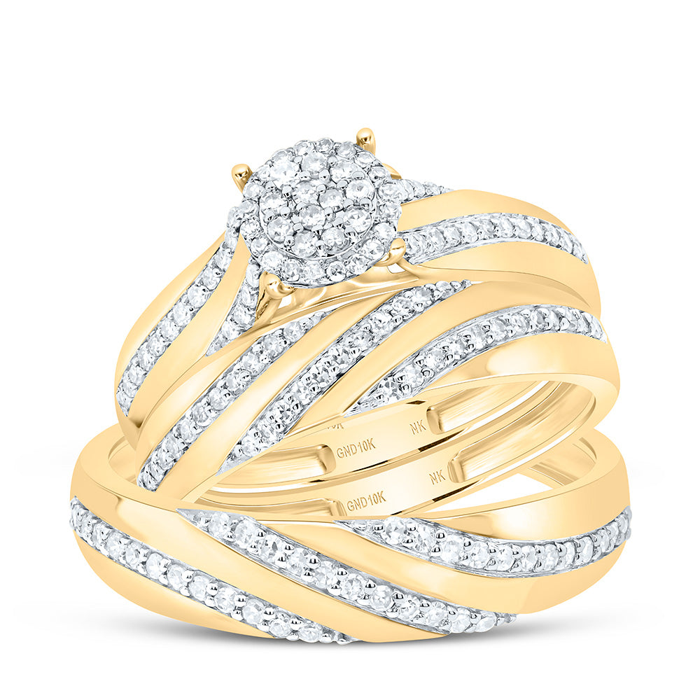 10K Yellow or White Gold 1/2 Ctw Natural Diamond Round Trio Set, Womens Size: 5-9, Mens Size: 8-12