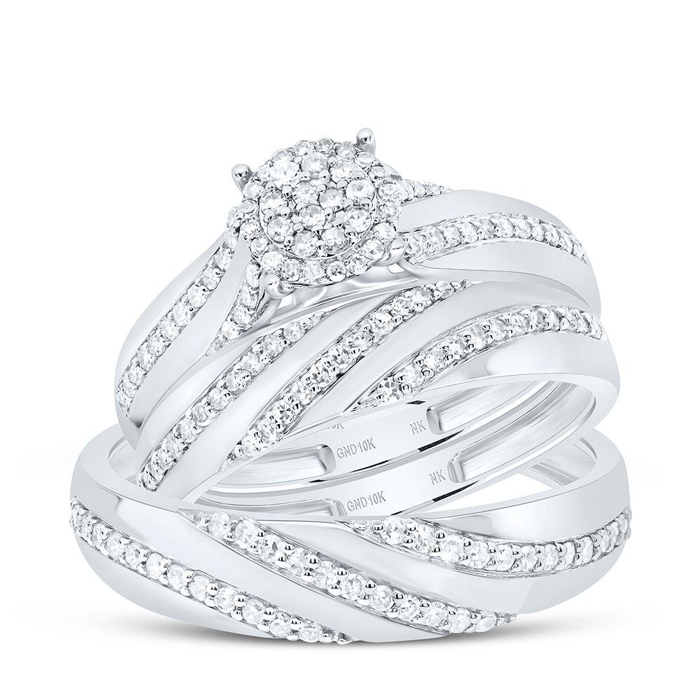 10K Yellow or White Gold 1/2 Ctw Natural Diamond Round Trio Set, Womens Size: 5-9, Mens Size: 8-12