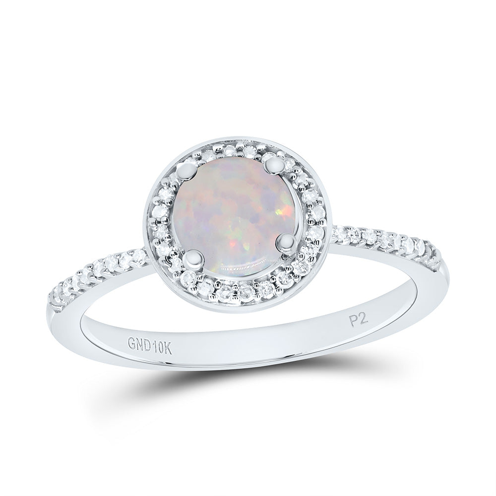 10K Yellow or White Gold 1/8 Ctw Natural Diamond 6MM Round Opal Synthetic Ring, Womens Size: 5-9
