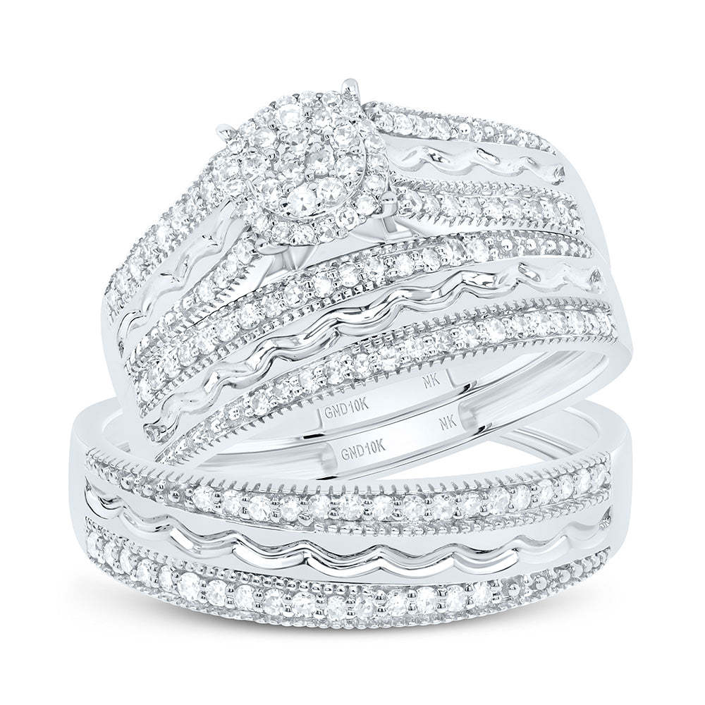 10K Yellow or White Gold 1/2 Ctw Natural Diamond Round Trio Set, Womens Size: 5-9, Mens Size: 8-12
