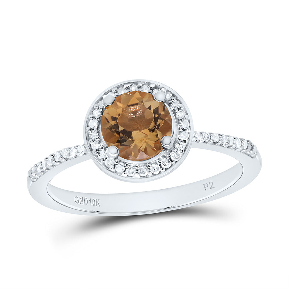 10K Yellow or White Gold 1/8 Ctw Natural Diamond 6MM Round Citrine Synthetic Ring, Womens Size: 5-9